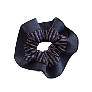 Striped patchwork fabric scrunchie in navy blue denim style for retro women's hair styling