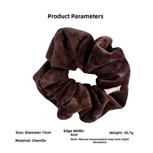 Deep brown chenille hair scrunchie with 15cm diameter size and weight details