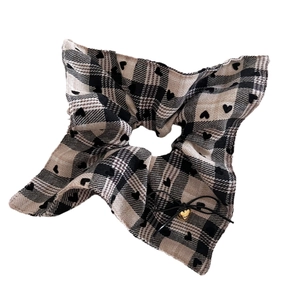Plaid checkered hair scrunchie with flocking hearts, bow tie and gold heart pendant