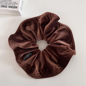 Retro coffee brown velvet scrunchie for women with elegant ruffled design and tag