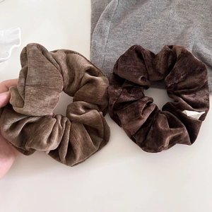 Retro oversized corduroy scrunchies in khaki and dark coffee colors for low ponytails