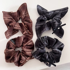 Vintage Plaid Fabric Scrunchies For Women Maillard Style Bow Hair Tie Academic Fashion Large Ponytail Holder Hair Accessories