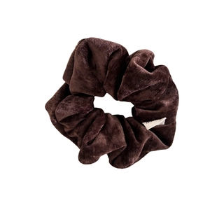 Retro coffee brown velvet scrunchie with soft plush texture for elegant low ponytail styles