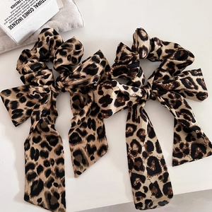 Leopard Print Bow Scrunchie With Long Streamers Vintage Fabric Satin Texture Hair Ring For Women Fashion Daily Hair Accessories