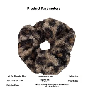 Detailed size specifications for plush leopard print hair hoop and scrunchie accessory