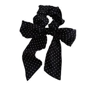 Elegante elastico per capelli con fiocco a pois e lunghi nastri in chiffon nero