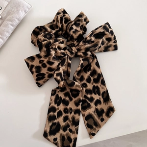 Vintage leopard print scrunchie with long ribbon bow in satin fabric for women