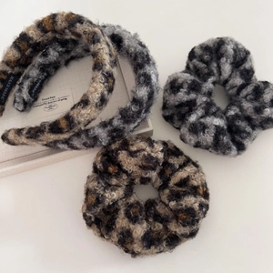 Leopard Print Plush Headband And Scrunchie Set Autumn Winter Lamb Wool Thick Hair Band Hair Ties For Women Hair Accessories