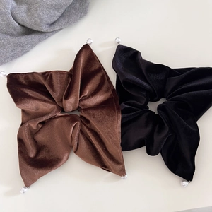 French vintage oversized black and brown velvet scrunchies with white pearl accents