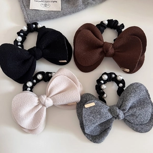 Korean Autumn Winter Woolen Bowknot Scrunchie With Faux Artificial Pearl Elegant Handmade Fabric Hair Tie For Women Girls Hair Accessories