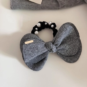 Chic grey wool bow hair tie with elegant pearls and handmade metallic charm for women
