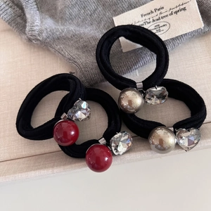 Chouchou Noir Haute Élasticité Avec Fausse Künstliche Perle Et Breloques En Strass Cœur Carré Élégant Support De Queue De Cheval Pour Femme Accessoires De Cheveux