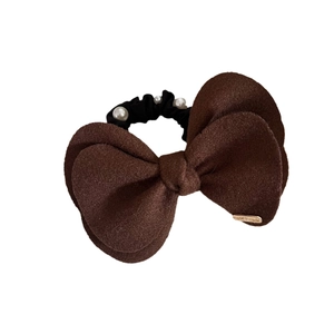 Coffee brown wool bow scrunchie with white pearls and elegant handmade metal plate