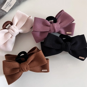 Large Woolen Bowknot Shark Clip Elegant Handmade Gold Label Hair Claw For Women Autumn Winter Thick Hair Accessory
