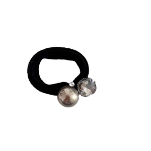 Élastique à cheveux noir haute élasticité avec perle argentée et cristal transparent