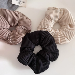 Three-piece pleated scrunchie set in coffee, cream and black elegant textured fabric