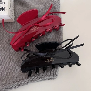French Vintage Acetate Hair Claw Clip With Ribbon Bow For Women Elegant Large Wine Red Black Hair Accessories Ballet Hairpin