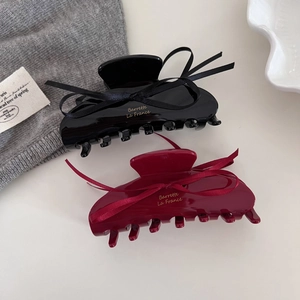 Elegant large resin hair claws with ribbons and bows in black and dark red colors