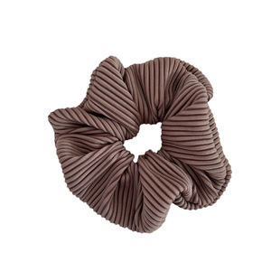 Elegant ribbed scrunchie in deep coffee brown color with elastic textured fabric for hair