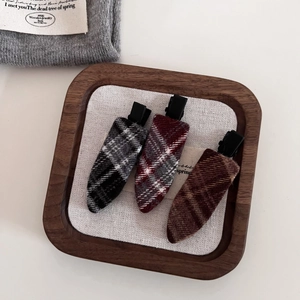 Three-piece vintage plaid wool hair clips set in elegant grey, red, and coffee tones