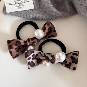 Leopard Print Bow Artificial Pearl Hair Tie Elastic Scrunchie For Women Girls Vintage Fashion Hair Rope Ponytail Holder Accessory