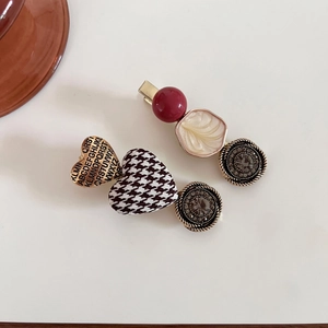 Vintage French style hair clips set with burgundy beads and houndstooth heart patterns