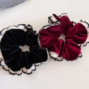 French Vintage Velvet Scrunchies With White Lace Trim Retro Large Hair Ties Elastic Hair Bands For Women Daily Accessories