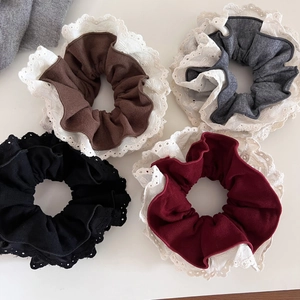 Vintage French Lace Scrunchie Ribbed Fabric Large Elastic Hair Tie Pleated Sweet Ponytail Holder For Women Hair Accessory