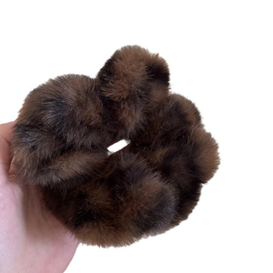 Chic dark brown faux fur leopard print scrunchie for women with soft plush texture