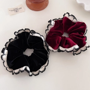 Lace-trimmed velvet hair scrunchies in black and burgundy with French vintage style