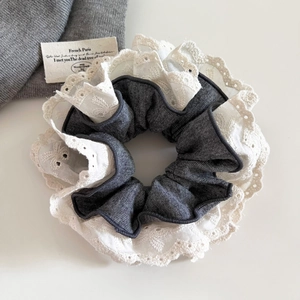 French vintage grey ribbed fabric scrunchie with white floral lace embroidery details
