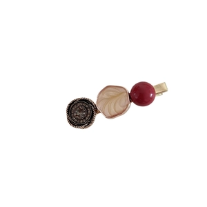 Vintage French style metal hair clip with rhinestones and red pearl ornament