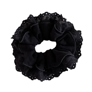 Elegant vintage black lace scrunchie hair tie with delicate floral hollow design for women