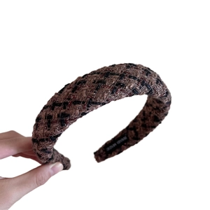 Serre-tête en tweed épais rétro avec design haut en tissu tissé à la main marron et noir