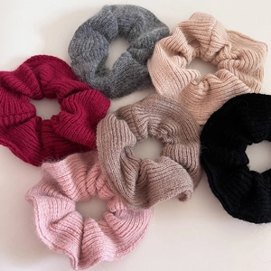 Soft knit scrunchies in six autumn colors with cozy mohair texture for hair styling