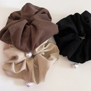 Large Corduroy Scrunchie With Artificial Pearl Charm Elegant Ribbed Hair Tie For Women Autumn Winter Fashion Hair Accessories