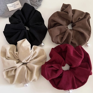 Set of large corduroy scrunchies in autumn colors with elegant pearl pendants for women