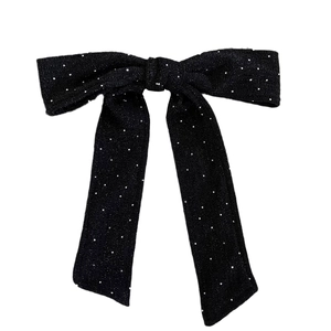 French vintage oversized black glitter ribbon bow hair clip with silver sparkles