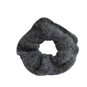 Chic dark grey knitted mohair scrunchie with fluffy texture for elegant hairstyles