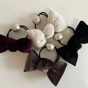 Retro Velvet Bowknot Hair Scrunchie With Artificial Pearl For Women High End Elegant Ponytail Holder Elastic Hair Band Accessories