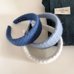 Three-piece set of fluffy knitted hairbands in navy, grey blue, and cream white colors