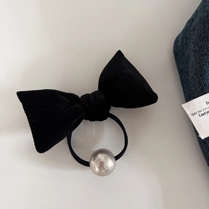 Elegant black velvet bow hair tie with silver pearl bead for vintage style ponytail
