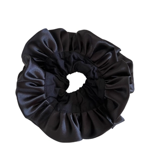 Large double-layered black satin scrunchie with French ruffle design for hair styling