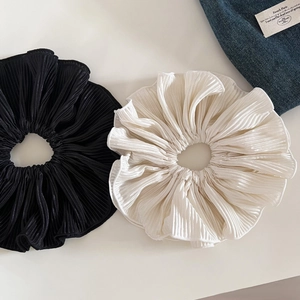 Elegant oversized pleated hair scrunchie set in classic black and cream satin finish