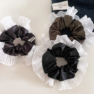 Vintage Français Cuir PU Couleur Contraste Plissé Grand Chouchou Fait Main Haute Élasticité Accessoires de Cheveux Femme Élégante