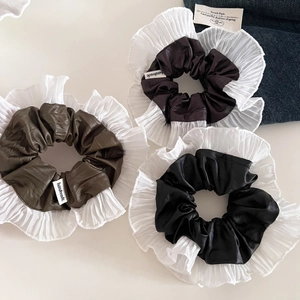 Lot de 3 chouchous en similicuir vintage avec bords en tulle plissé blanc de style rétro