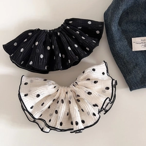 Set of black and white polka dot pleated oversized hair scrunchies with sheer fabric