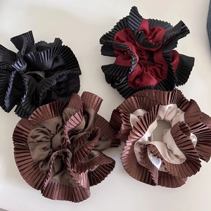 Set of four premium pleated satin hair scrunchies in black, coffee, and tan colors