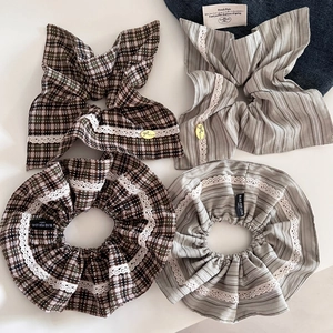 Korean Style Fabric Plaid Striped Scrunchie With Lace Edge Retro Bow Hair Tie Ponytail Holder For Women Fashion Hair Accessories