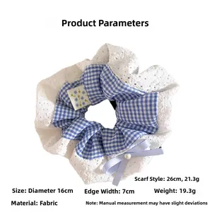 Spécifications de taille pour chouchou en dentelle à carreaux bleus avec perle